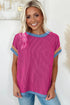 Retro Vibe Contrast Trim Corded Knit Short Sleeve Top